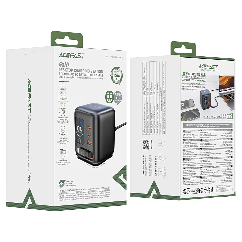 Ladestasjon med USB-C-kabel Acefast Z10, 100W, 1 x USB-A - 2 x USB-C, svart