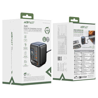 Ladestasjon med USB-C-kabel Acefast Z10, 100W, 1 x USB-A - 2 x USB-C, svart