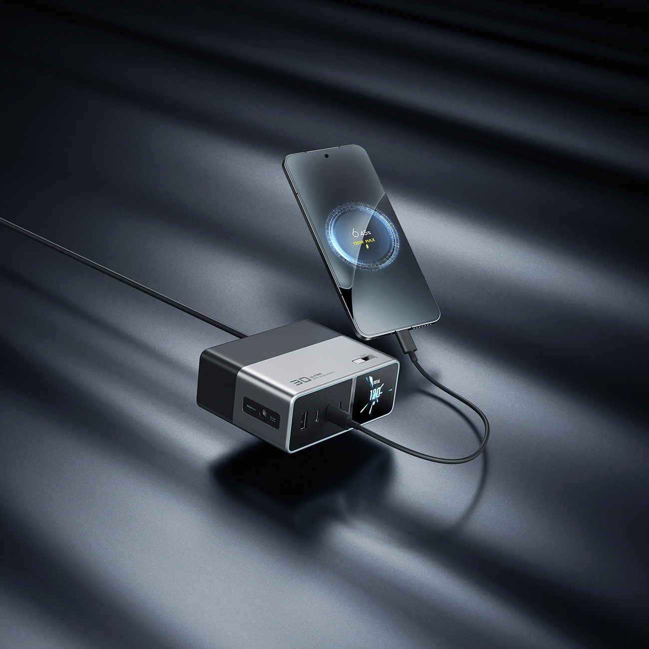 Laderstasjon Cuktech TA3005U, 300W, 1 x DC - 1 x USB-A - 3 x USB-C, Grå