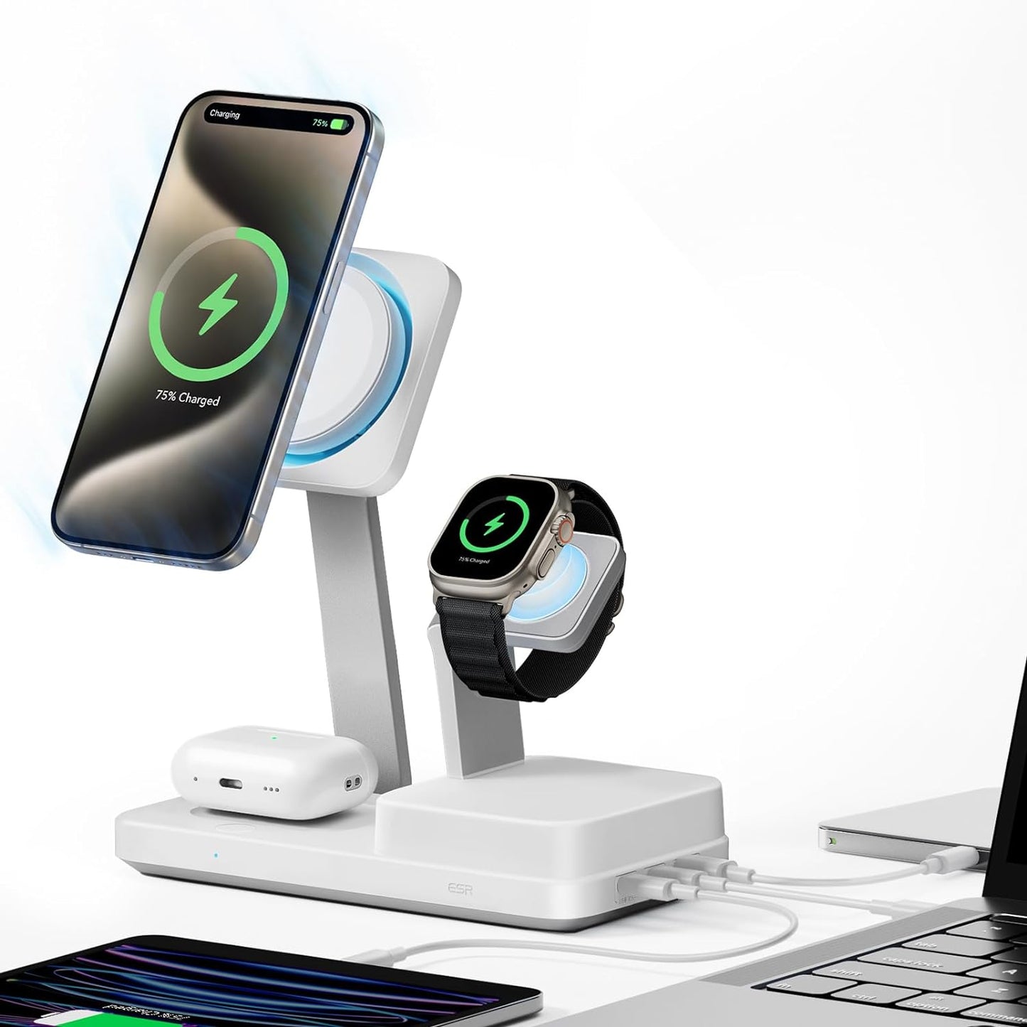 Ladestasjon ESR CryoBoost QI 6in1, 100W, 2 x USB-A - 1 x USB-C, Hvit