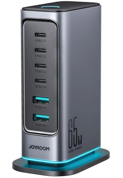 Joyroom JR-TCM02 UK ladestasjon, 65W, 3,25A, 2 x USB-A - 4 x USB-C, grå