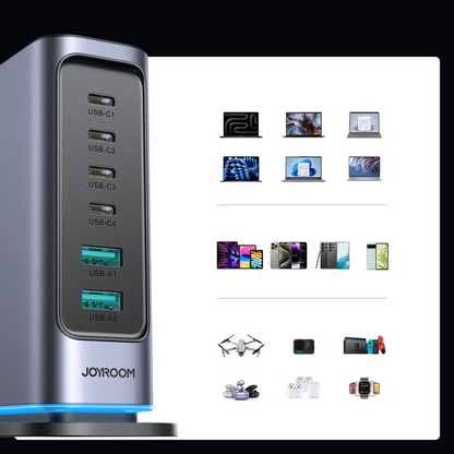 Joyroom JR-TCM02 UK ladestasjon, 65W, 3,25A, 2 x USB-A - 4 x USB-C, grå