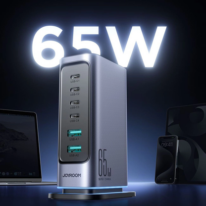 Joyroom JR-TCM02 UK ladestasjon, 65W, 3,25A, 2 x USB-A - 4 x USB-C, grå