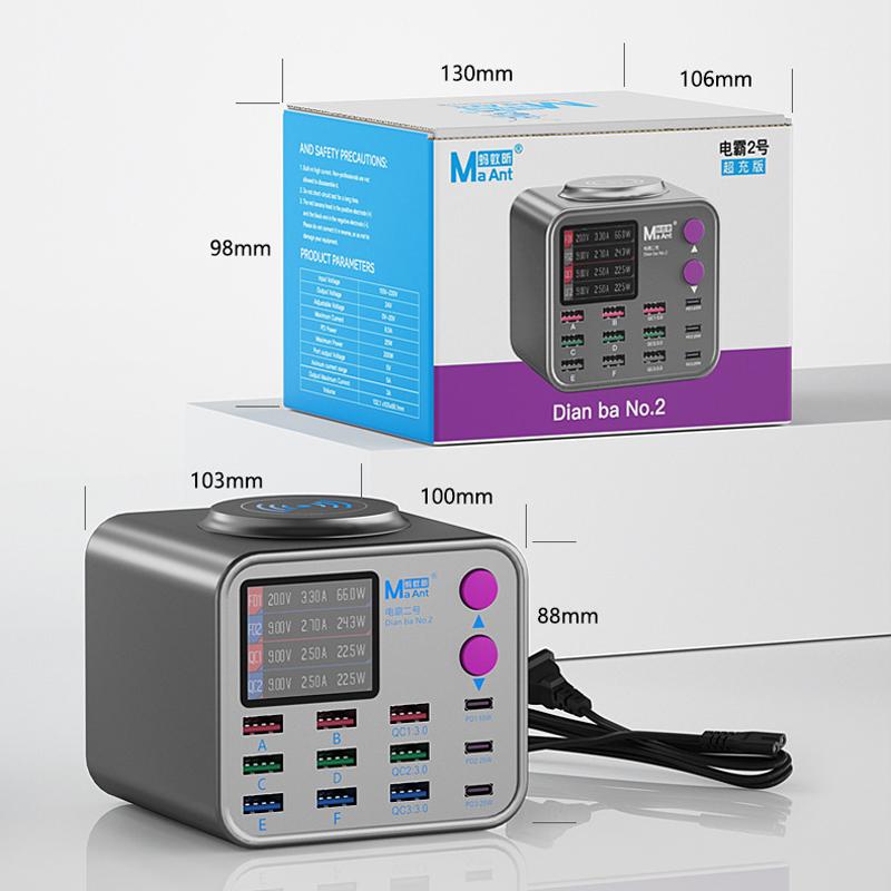 Ladestasjon MaAnt DianBa No.2 QI, 300W, 3A, 3 x USB-C - 9 x USB-A, Grå