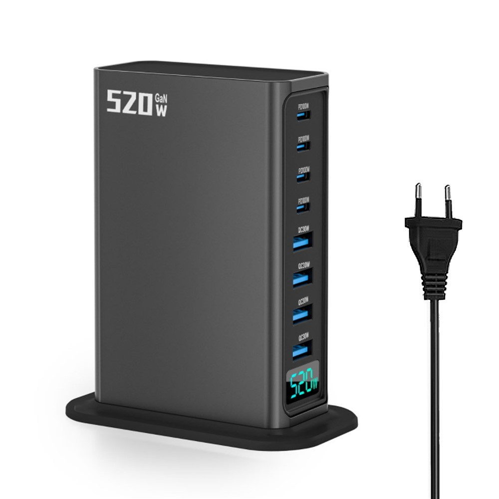 OEM Ladestasjon, 520W, 5A, 4 x USB-A - 4 x USB-C, Grå