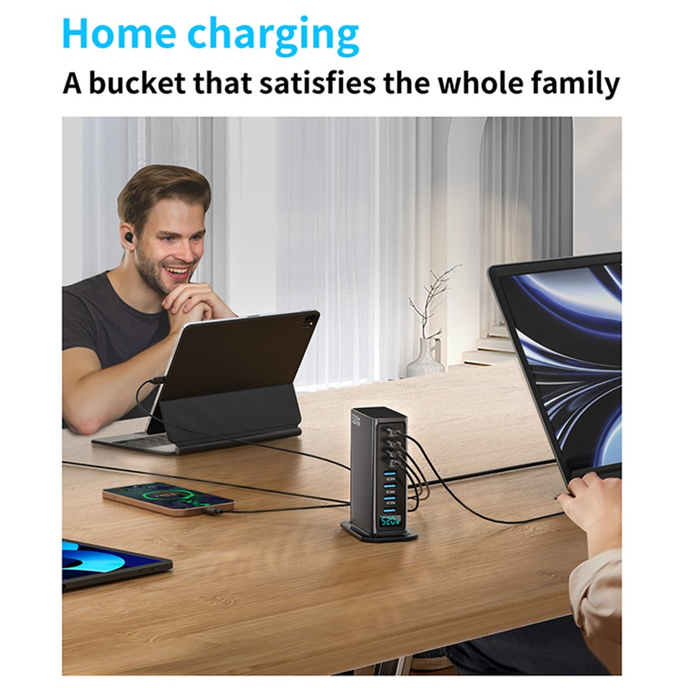 OEM Ladestasjon, 520W, 5A, 4 x USB-A - 4 x USB-C, Grå
