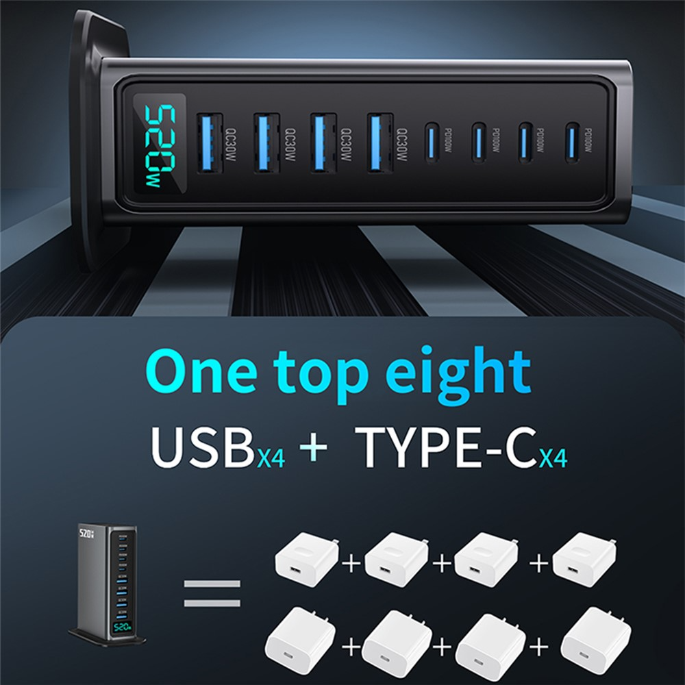 OEM Ladestasjon, 520W, 5A, 4 x USB-A - 4 x USB-C, Grå