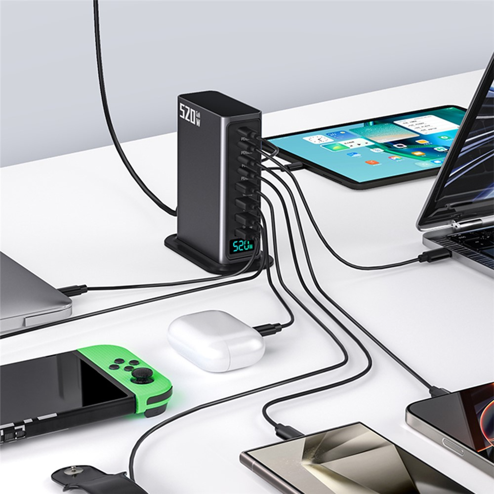 OEM Ladestasjon, 520W, 5A, 4 x USB-A - 4 x USB-C, Grå