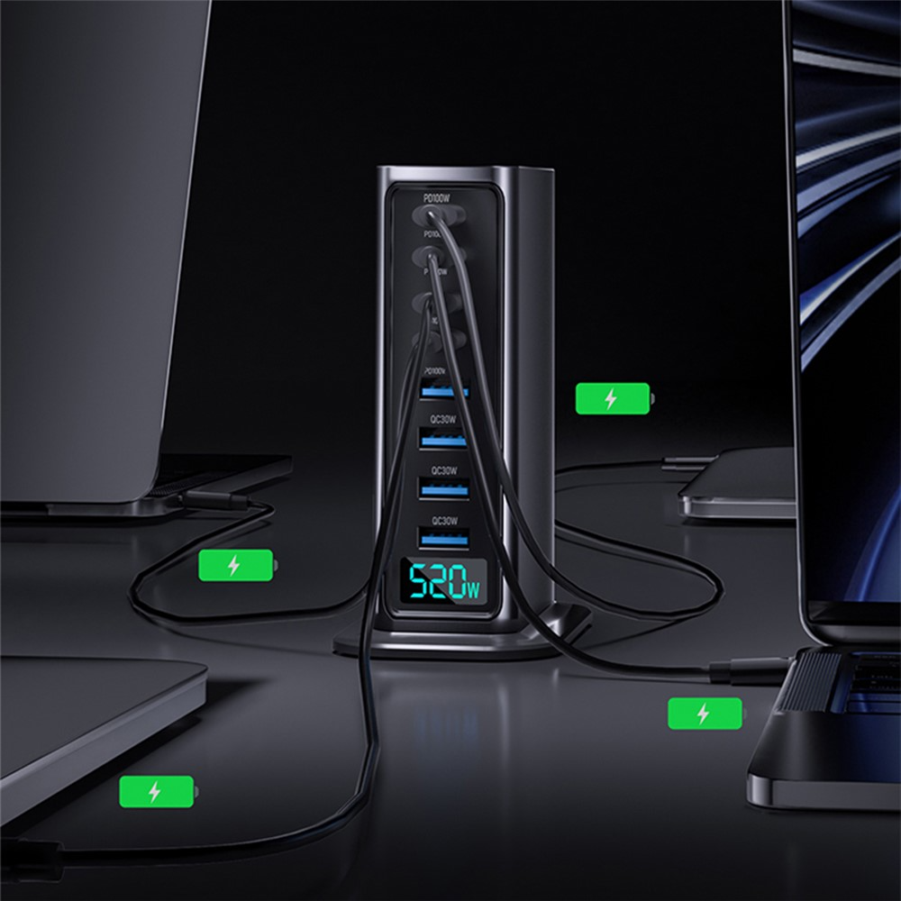 OEM Ladestasjon, 520W, 5A, 4 x USB-A - 4 x USB-C, Grå