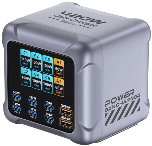 OEM Ladestasjon BK-126D, 140W, 5A, 2 x USB-A - 6 x USB-C, Grå