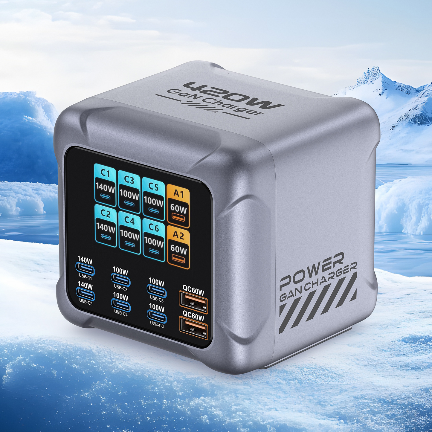 OEM Ladestasjon BK-126D, 140W, 5A, 2 x USB-A - 6 x USB-C, Grå