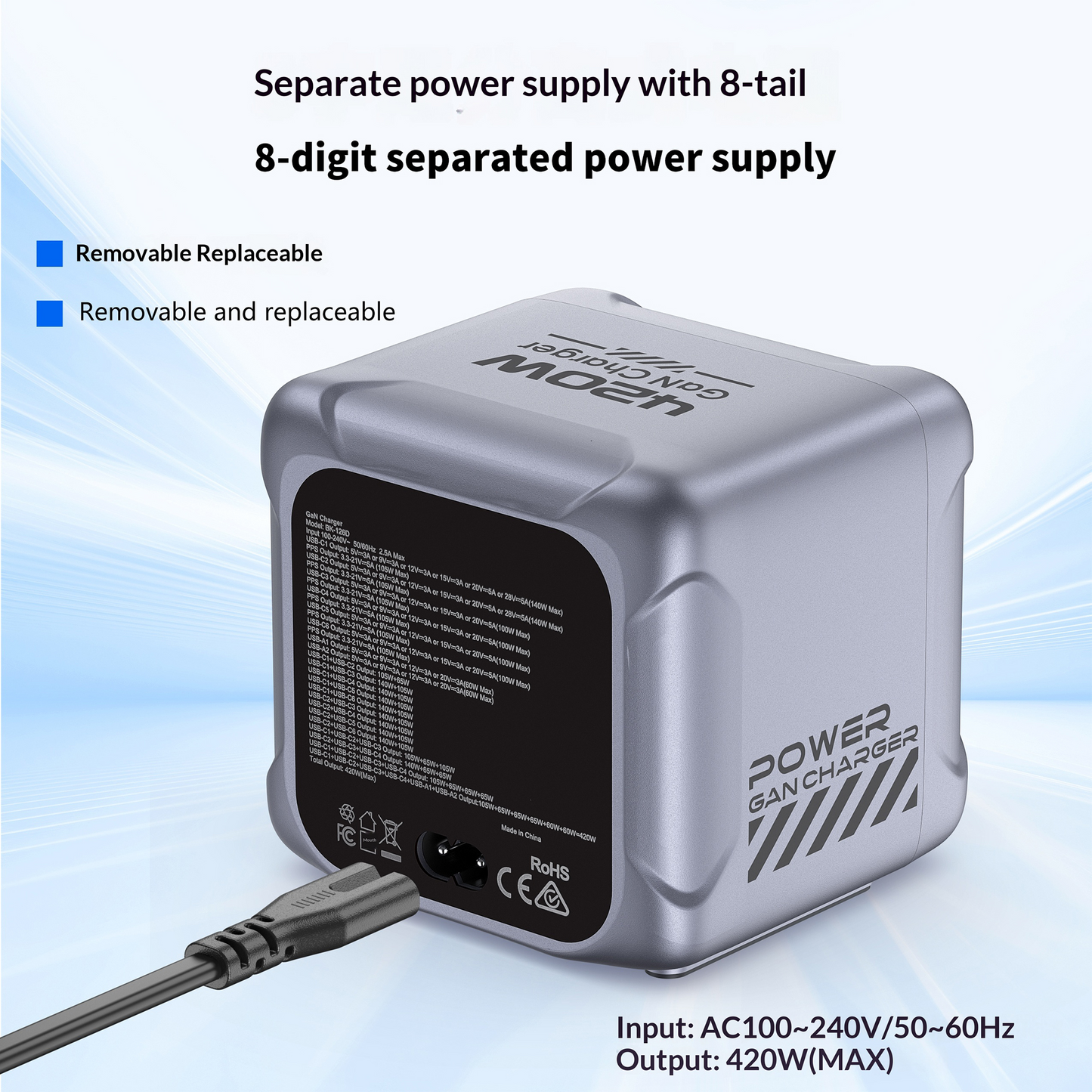 OEM Ladestasjon BK-126D, 140W, 5A, 2 x USB-A - 6 x USB-C, Grå