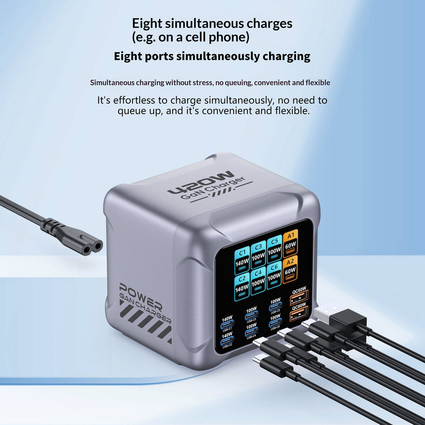 OEM Ladestasjon BK-126D, 140W, 5A, 2 x USB-A - 6 x USB-C, Grå