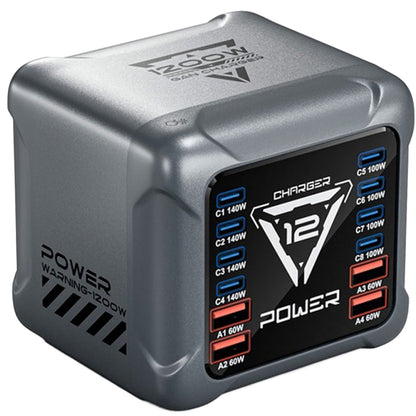 Laderstasjon OEM BK-127D, 280W, 5A, 4 x USB-A - 8 x USB-C, Grå