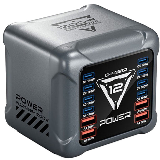 Laderstasjon OEM BK-127D, 280W, 5A, 4 x USB-A - 8 x USB-C, Grå