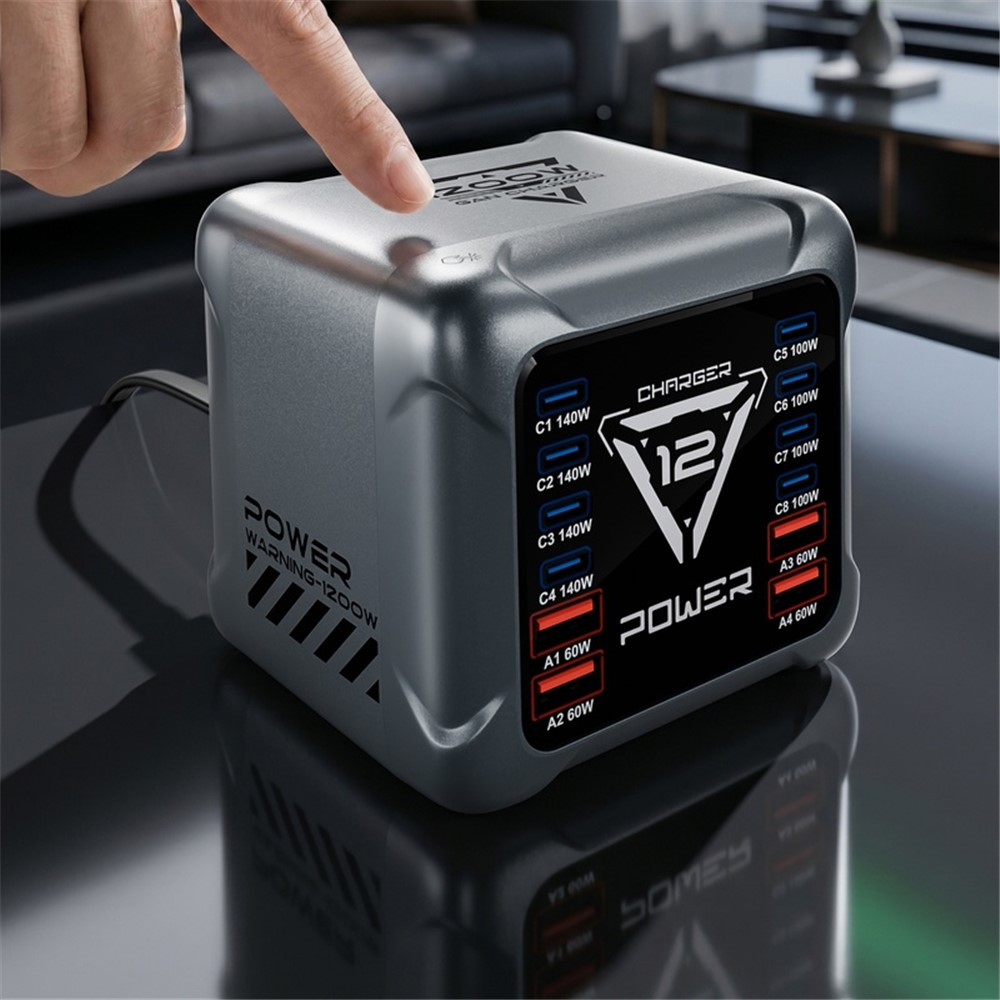 Laderstasjon OEM BK-127D, 280W, 5A, 4 x USB-A - 8 x USB-C, Grå