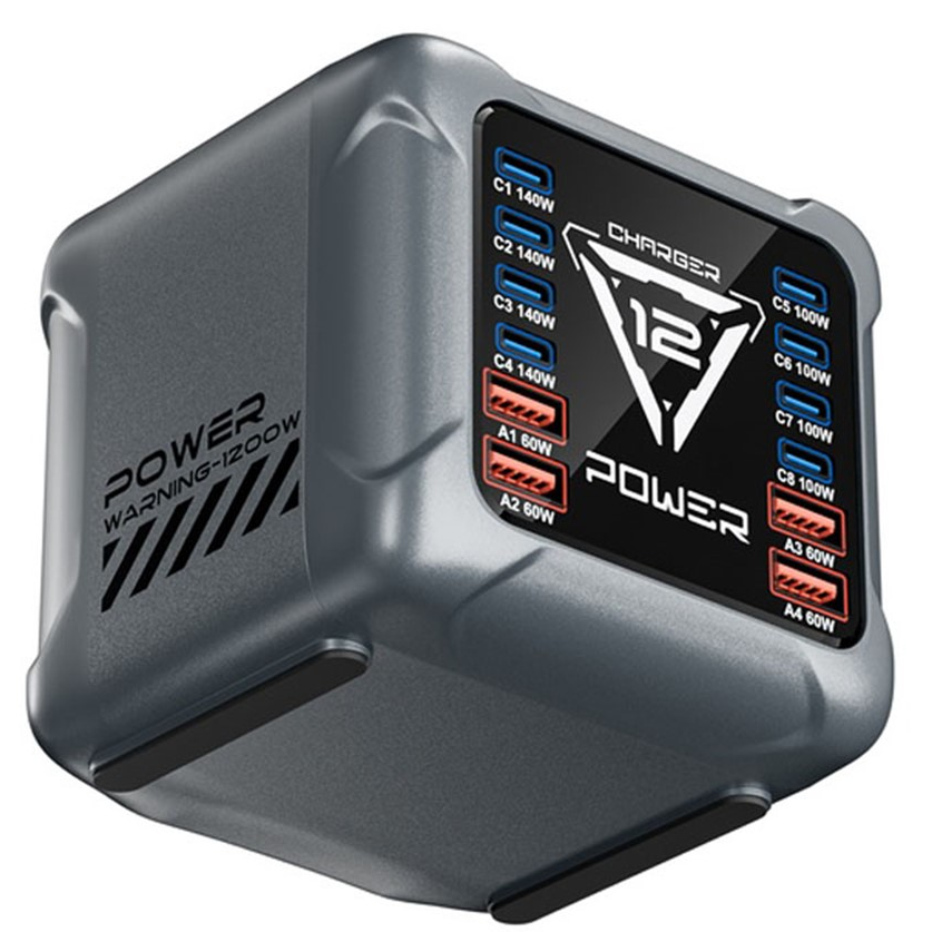 Laderstasjon OEM BK-127D, 280W, 5A, 4 x USB-A - 8 x USB-C, Grå