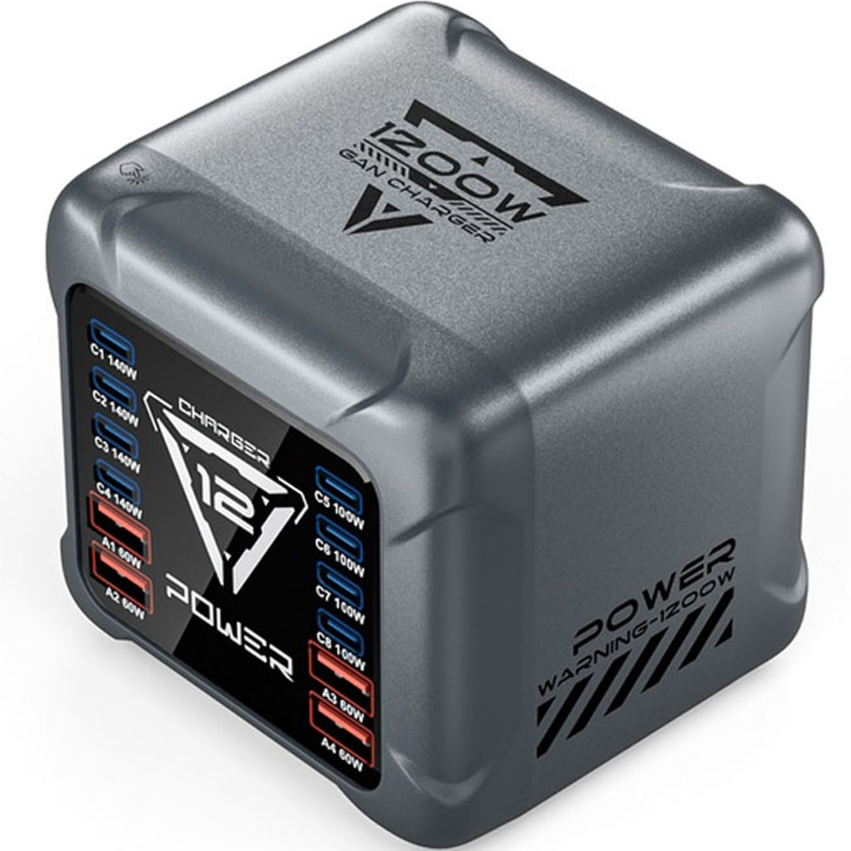 Laderstasjon OEM BK-127D, 280W, 5A, 4 x USB-A - 8 x USB-C, Grå