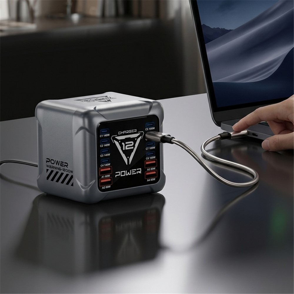Laderstasjon OEM BK-127D, 280W, 5A, 4 x USB-A - 8 x USB-C, Grå
