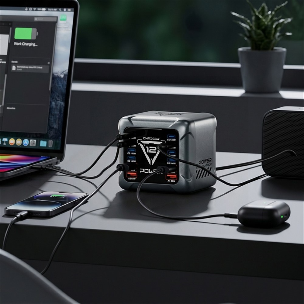 Laderstasjon OEM BK-127D, 280W, 5A, 4 x USB-A - 8 x USB-C, Grå