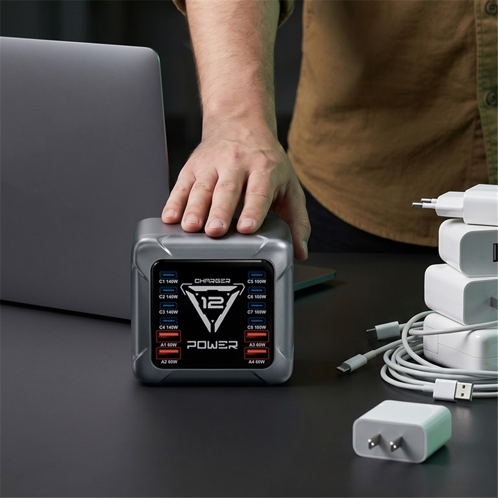 Laderstasjon OEM BK-127D, 280W, 5A, 4 x USB-A - 8 x USB-C, Grå