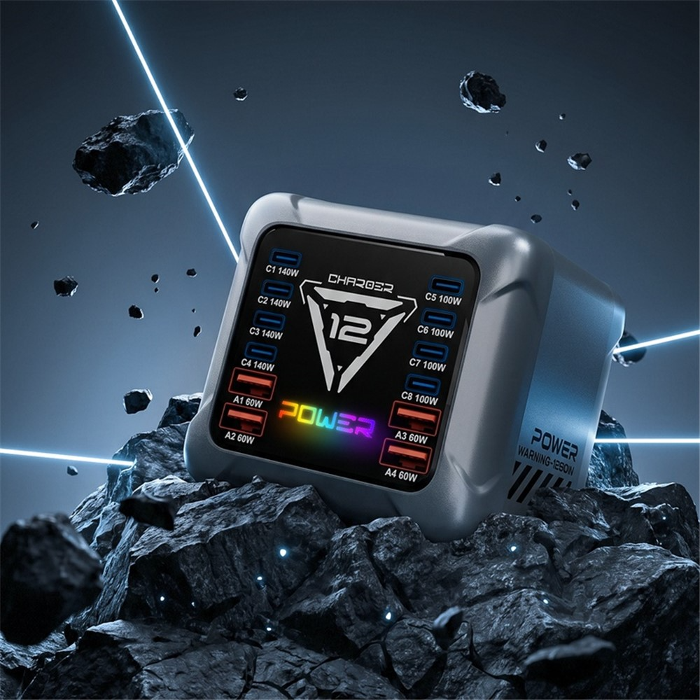 Laderstasjon OEM BK-127D, 280W, 5A, 4 x USB-A - 8 x USB-C, Grå