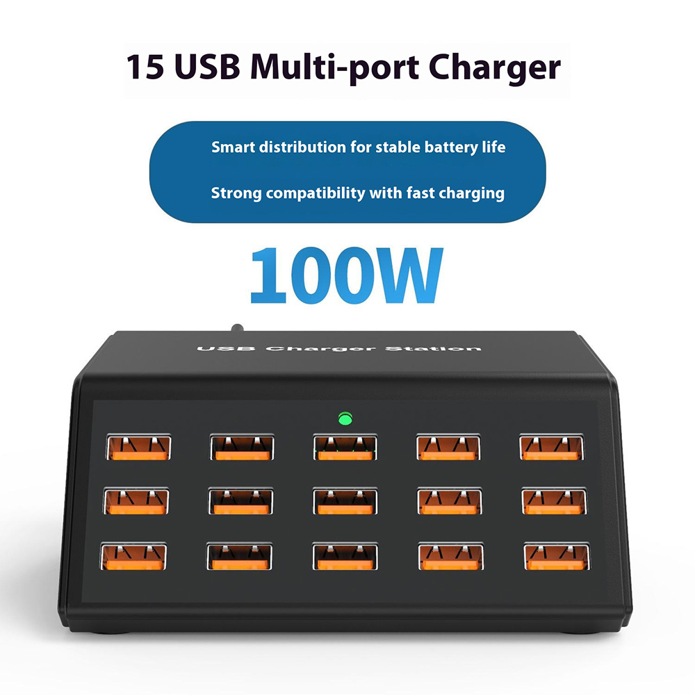 OEM HW15 Ladestasjon, 100W, 2A, 15 x USB-A, Svart