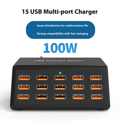 OEM HW15 Ladestasjon, 100W, 2A, 15 x USB-A, Svart
