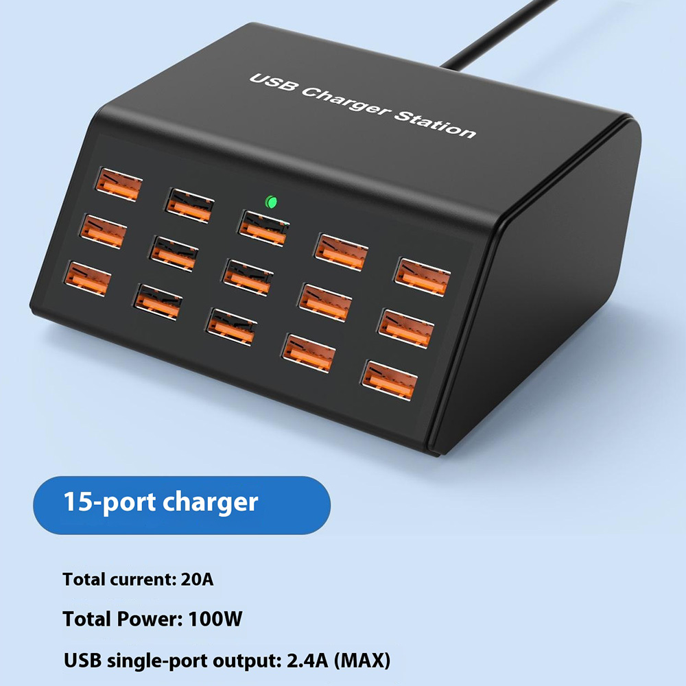 OEM HW15 Ladestasjon, 100W, 2A, 15 x USB-A, Svart