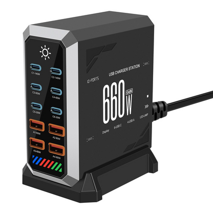 OEM HW18 Ladestasjon, 660W, 5A, 4 x USB-A - 6 x USB-C, Svart