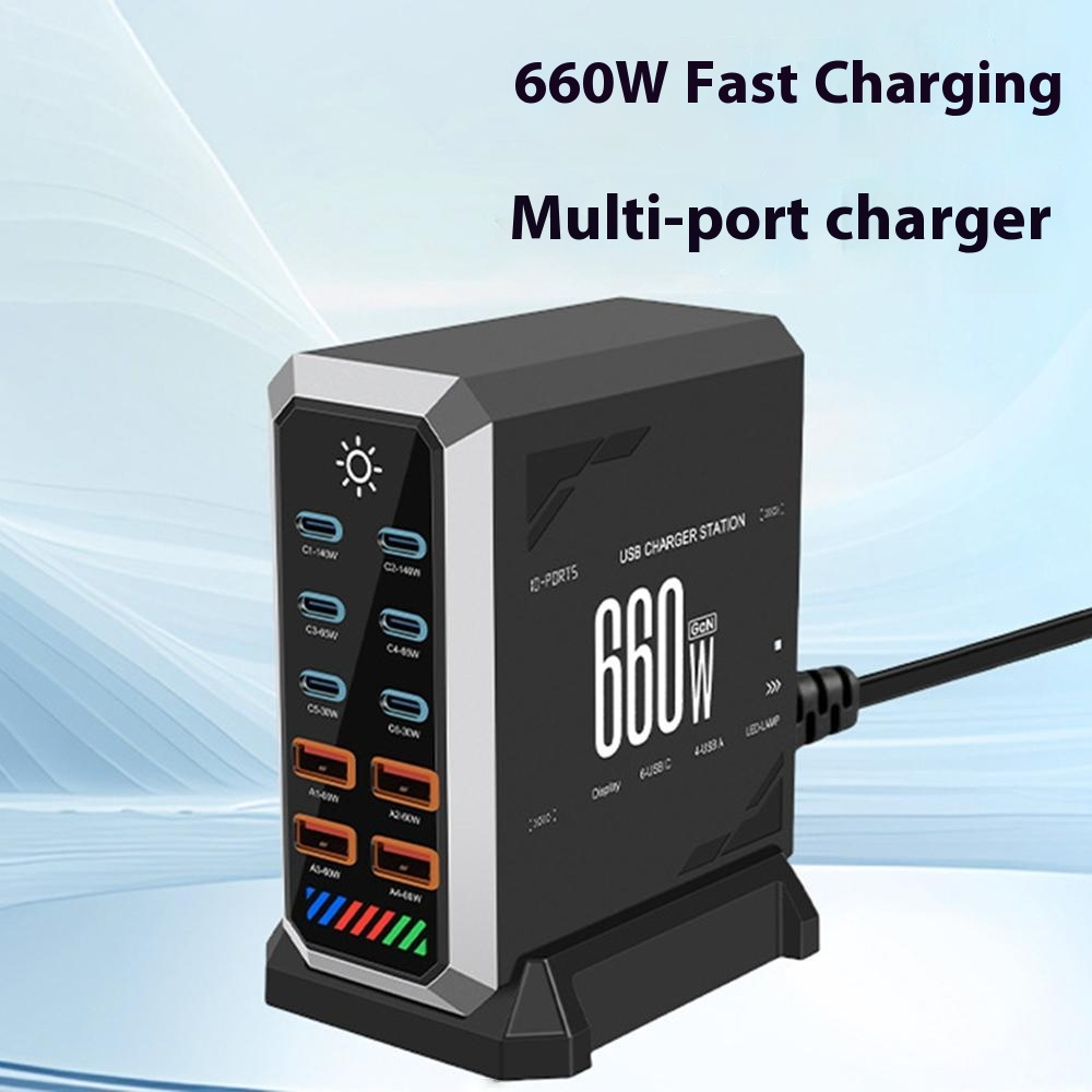 OEM HW18 Ladestasjon, 660W, 5A, 4 x USB-A - 6 x USB-C, Svart