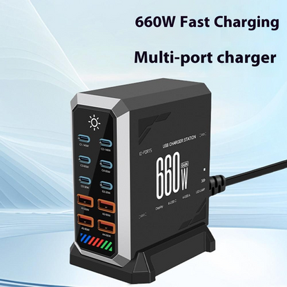 OEM HW18 Ladestasjon, 660W, 5A, 4 x USB-A - 6 x USB-C, Svart