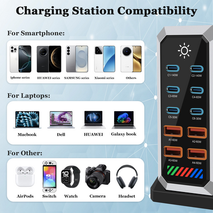 OEM HW18 Ladestasjon, 660W, 5A, 4 x USB-A - 6 x USB-C, Svart