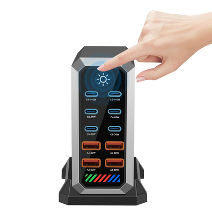 OEM HW18 Ladestasjon, 660W, 5A, 4 x USB-A - 6 x USB-C, Svart