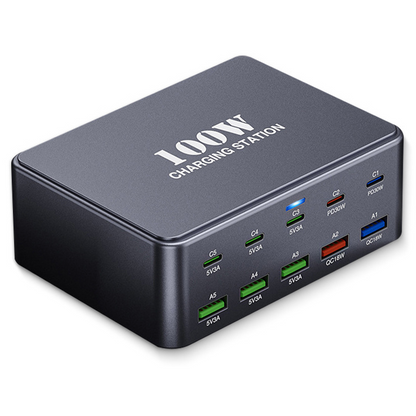 OEM HW33 Ladestasjon, 100W, 3A, 5 x USB-A - 5 x USB-C, Grå