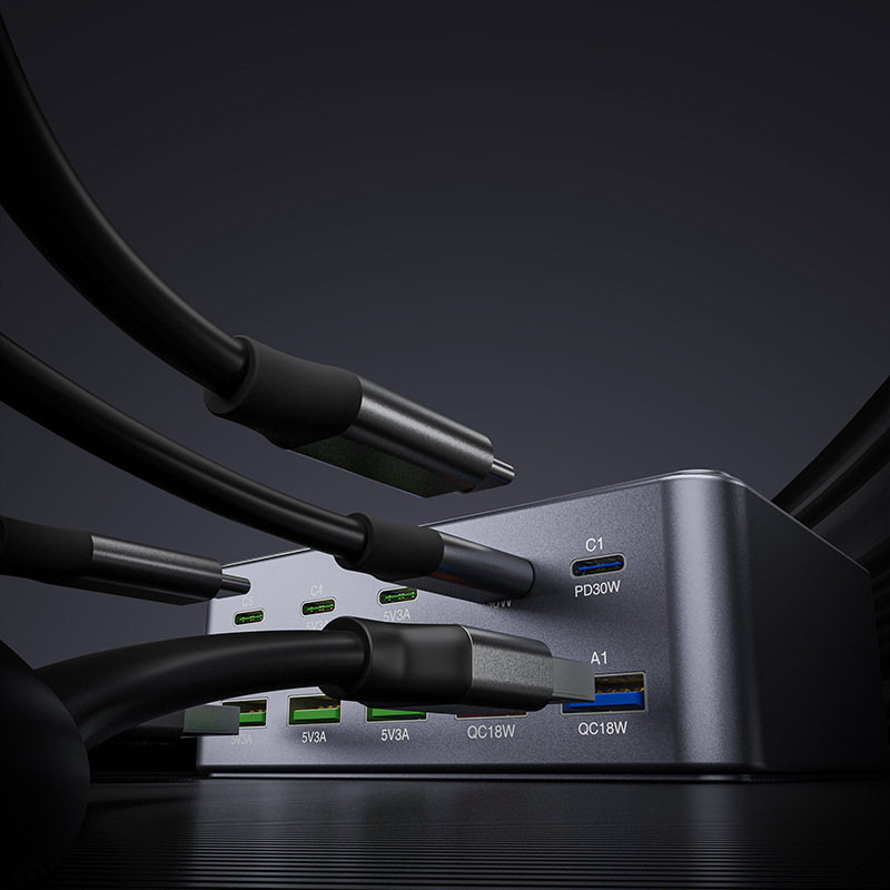 OEM HW33 Ladestasjon, 100W, 3A, 5 x USB-A - 5 x USB-C, Grå