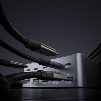 OEM HW33 Ladestasjon, 100W, 3A, 5 x USB-A - 5 x USB-C, Grå