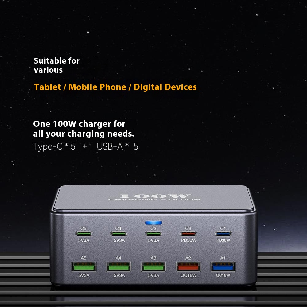 OEM HW33 Ladestasjon, 100W, 3A, 5 x USB-A - 5 x USB-C, Grå