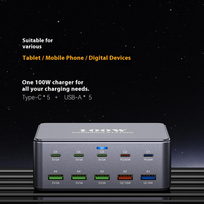 OEM HW33 Ladestasjon, 100W, 3A, 5 x USB-A - 5 x USB-C, Grå