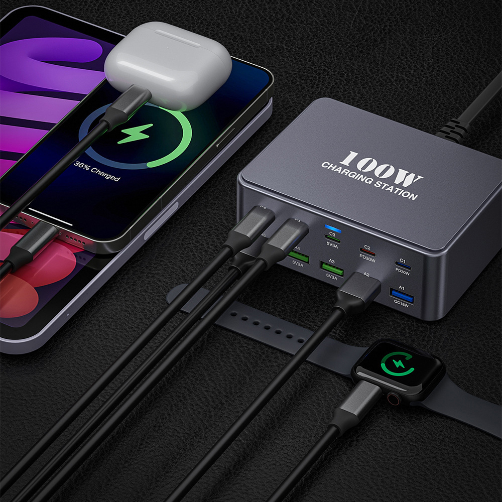 OEM HW33 Ladestasjon, 100W, 3A, 5 x USB-A - 5 x USB-C, Grå
