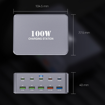 OEM HW33 Ladestasjon, 100W, 3A, 5 x USB-A - 5 x USB-C, Grå