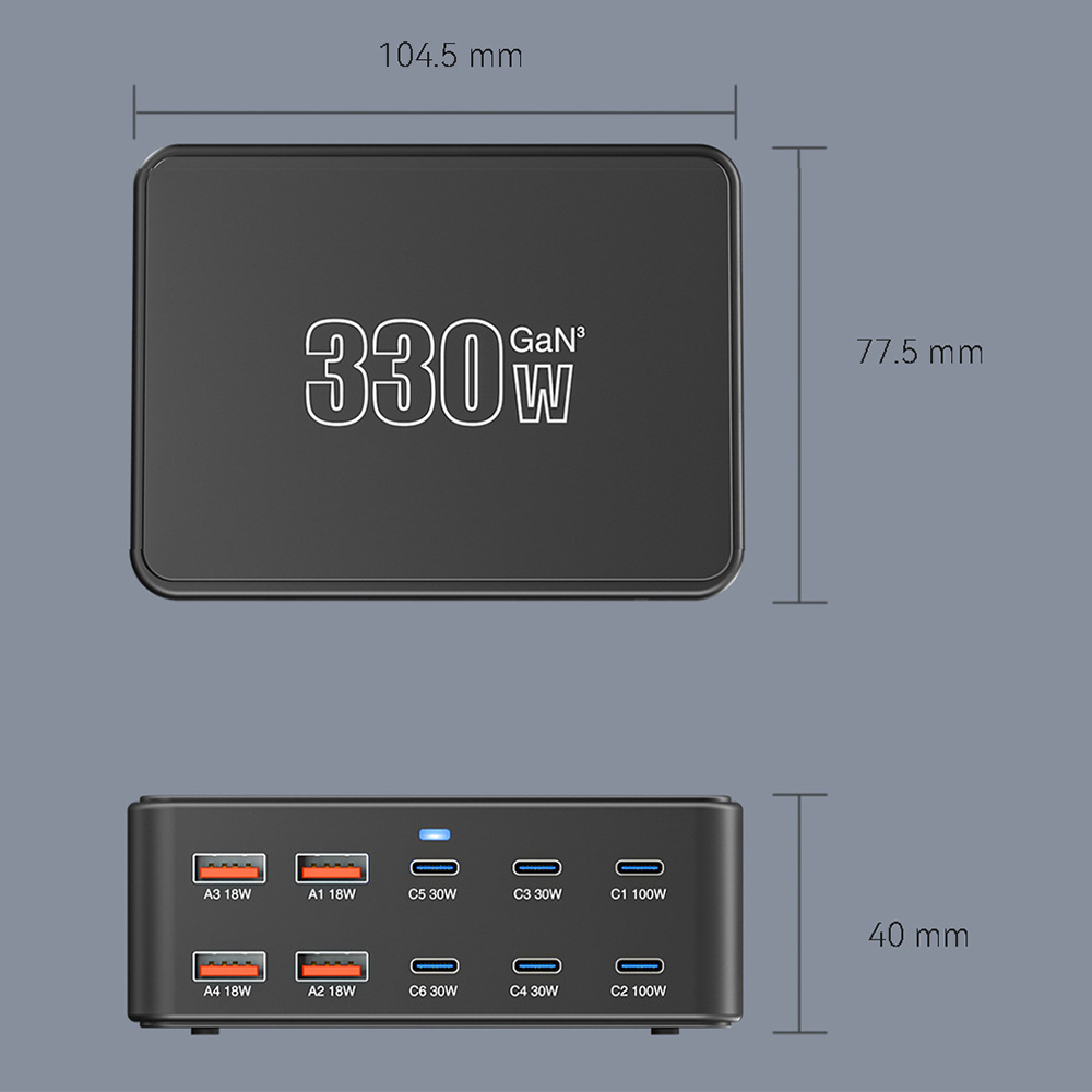 OEM HW66 Ladestasjon, 330W, 5A, 4 x USB-A - 6 x USB-C, Svart