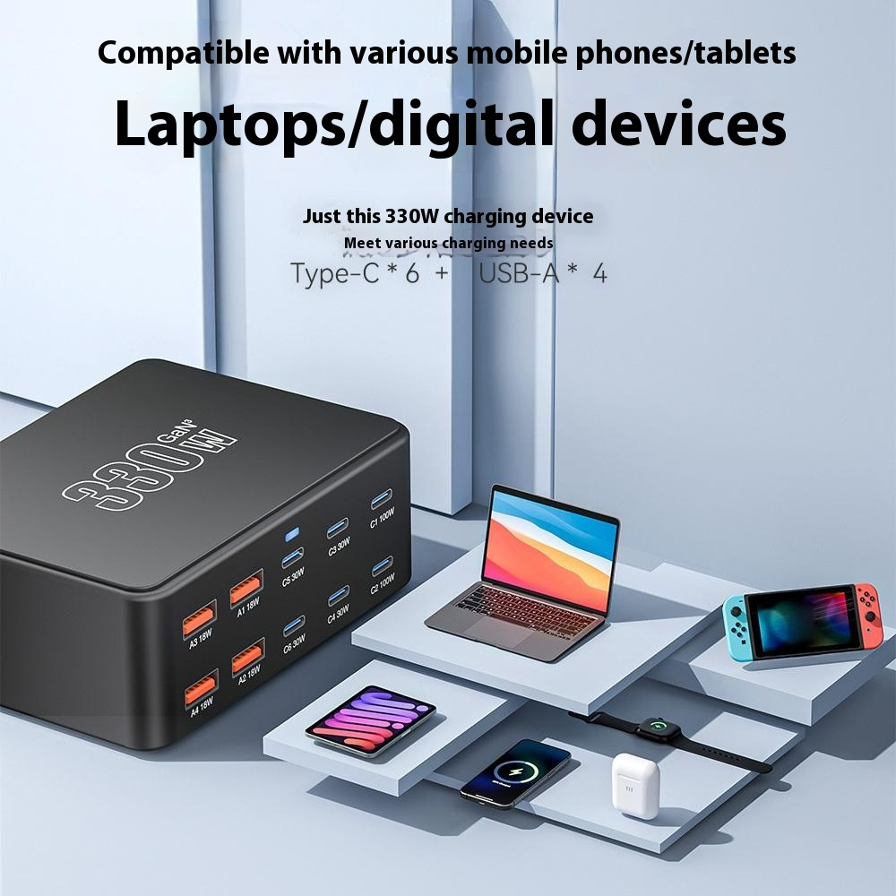 OEM HW66 Ladestasjon, 330W, 5A, 4 x USB-A - 6 x USB-C, Svart