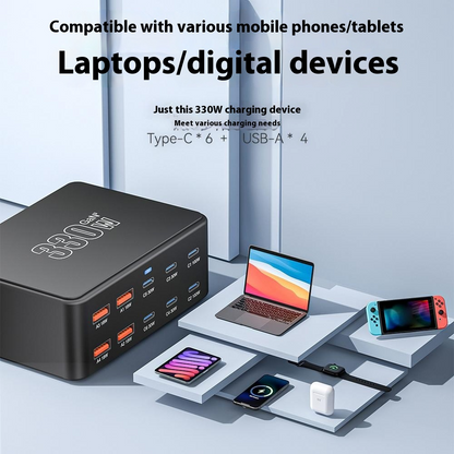 OEM HW66 Ladestasjon, 330W, 5A, 4 x USB-A - 6 x USB-C, Svart