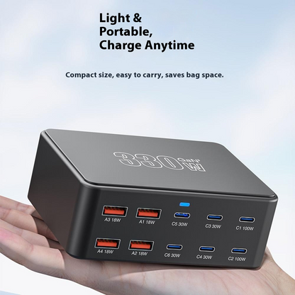 OEM HW66 Ladestasjon, 330W, 5A, 4 x USB-A - 6 x USB-C, Svart