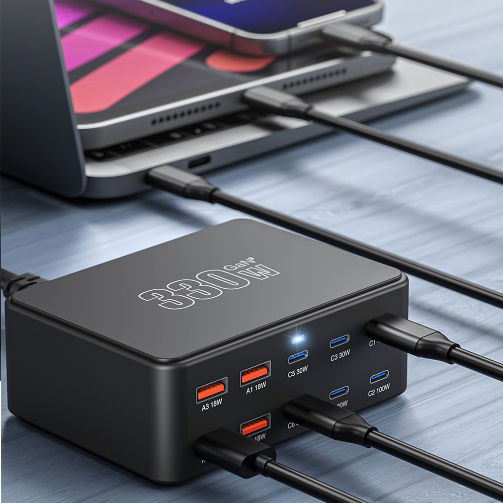 OEM HW66 Ladestasjon, 330W, 5A, 4 x USB-A - 6 x USB-C, Svart