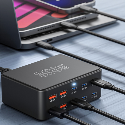 OEM HW66 Ladestasjon, 330W, 5A, 4 x USB-A - 6 x USB-C, Svart