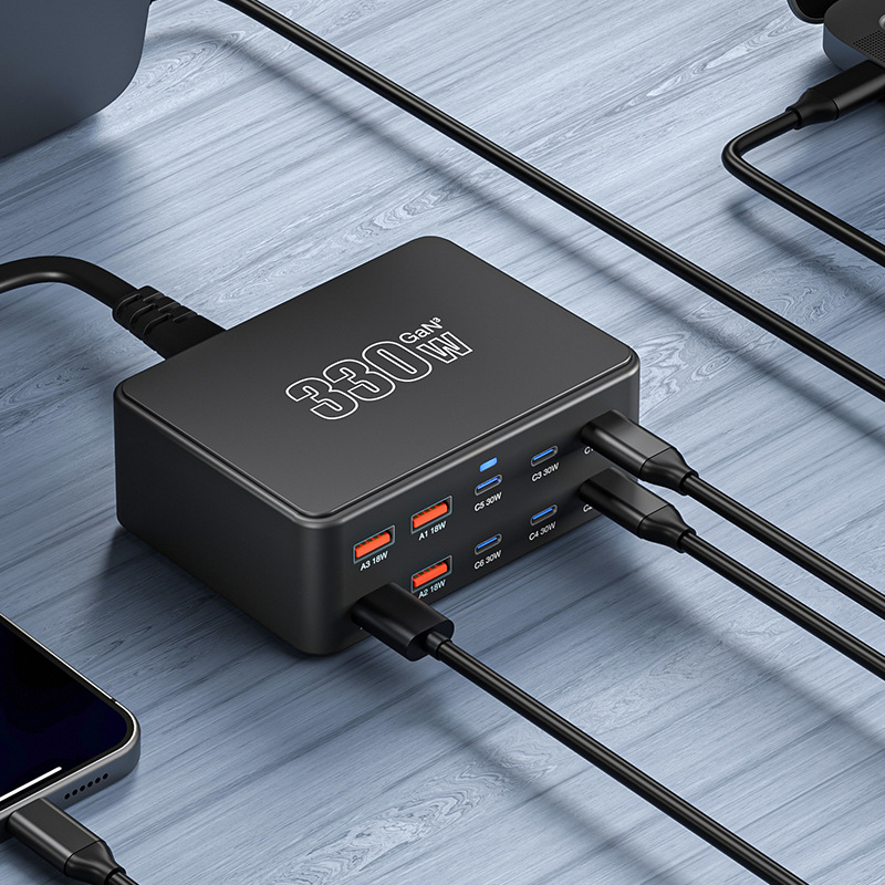 OEM HW66 Ladestasjon, 330W, 5A, 4 x USB-A - 6 x USB-C, Svart