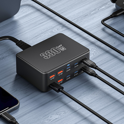 OEM HW66 Ladestasjon, 330W, 5A, 4 x USB-A - 6 x USB-C, Svart