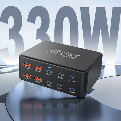 OEM HW66 Ladestasjon, 330W, 5A, 4 x USB-A - 6 x USB-C, Svart